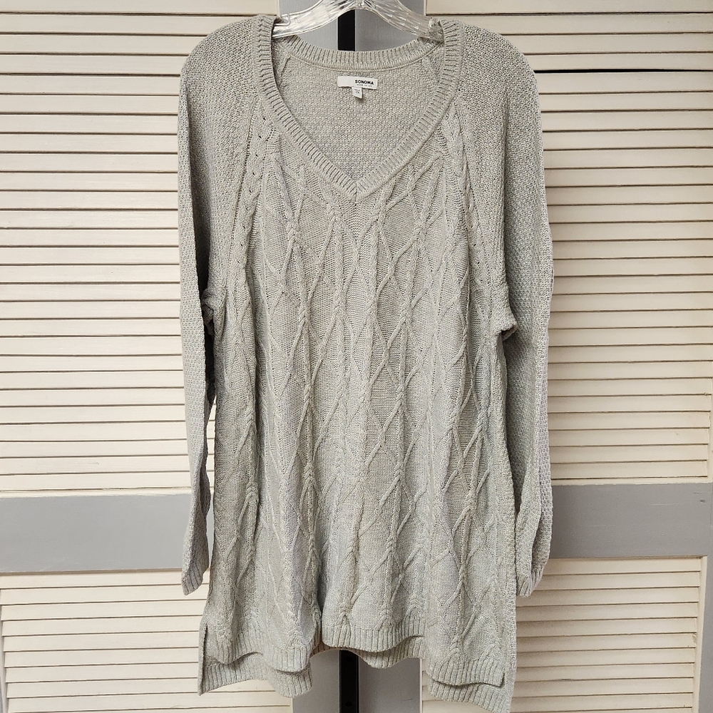 Sonoma Plus Size Long Sleeve Gray V-Neck Cable Knit Sweater 2X